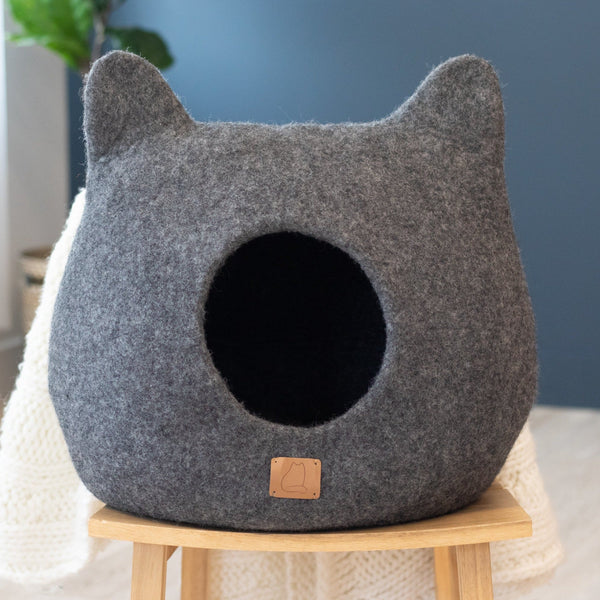 Felted Wool Cat Cave with Ears, Stone Gray, photo 2