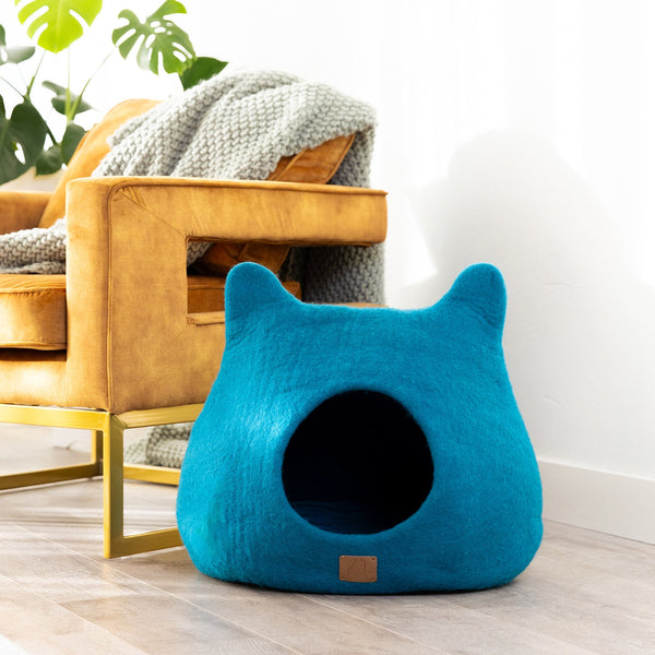 Felted Wool Cat Cave with Ears, Ocean Blue, photo 2