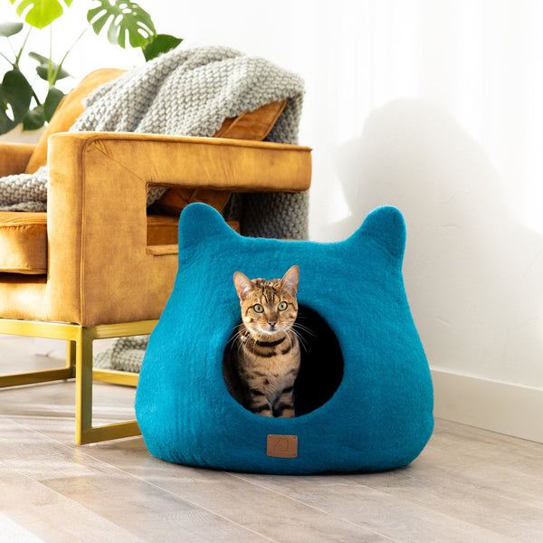 Felted Wool Cat Cave with Ears, Ocean Blue