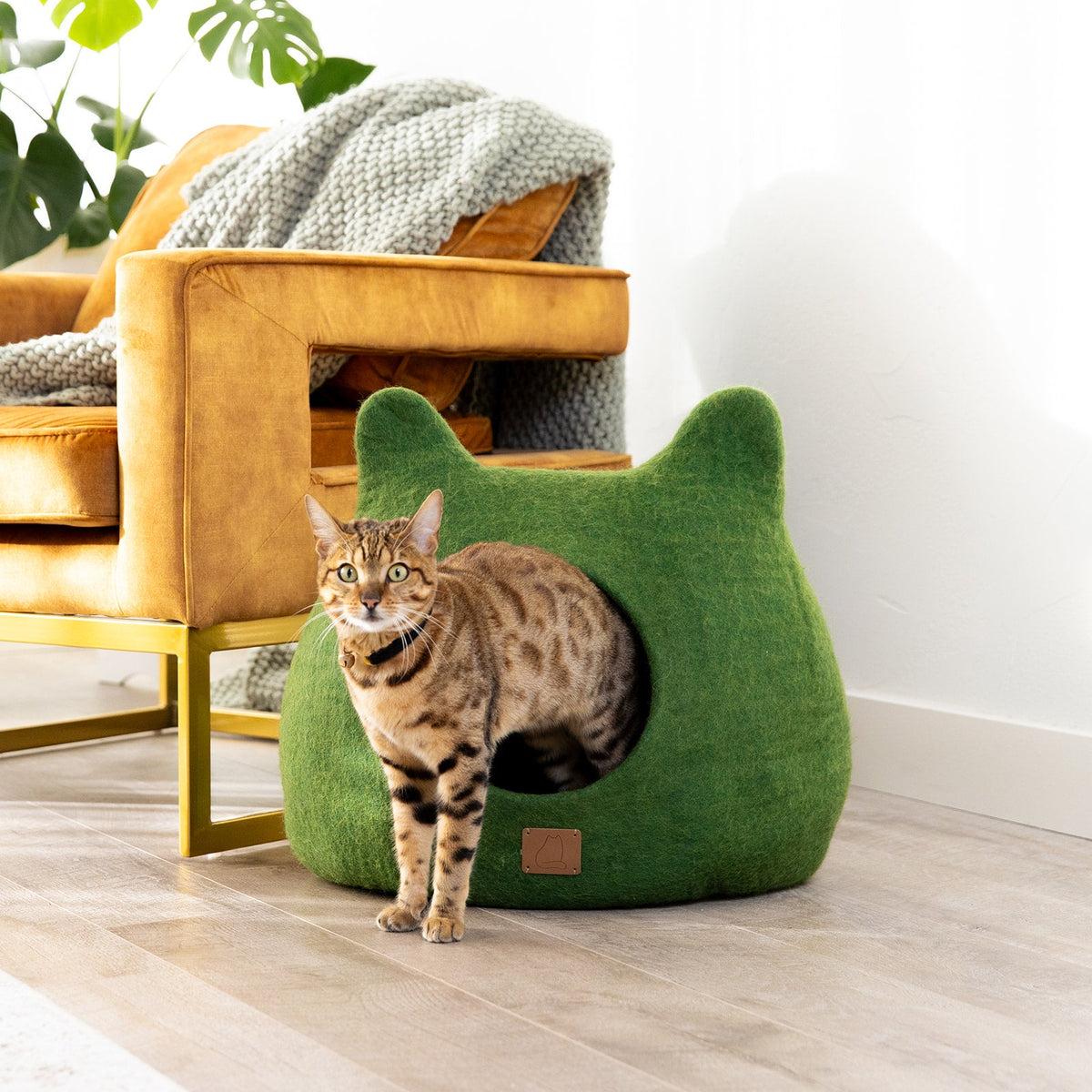 Felted Wool Cat Cave with Ears, Forest Green