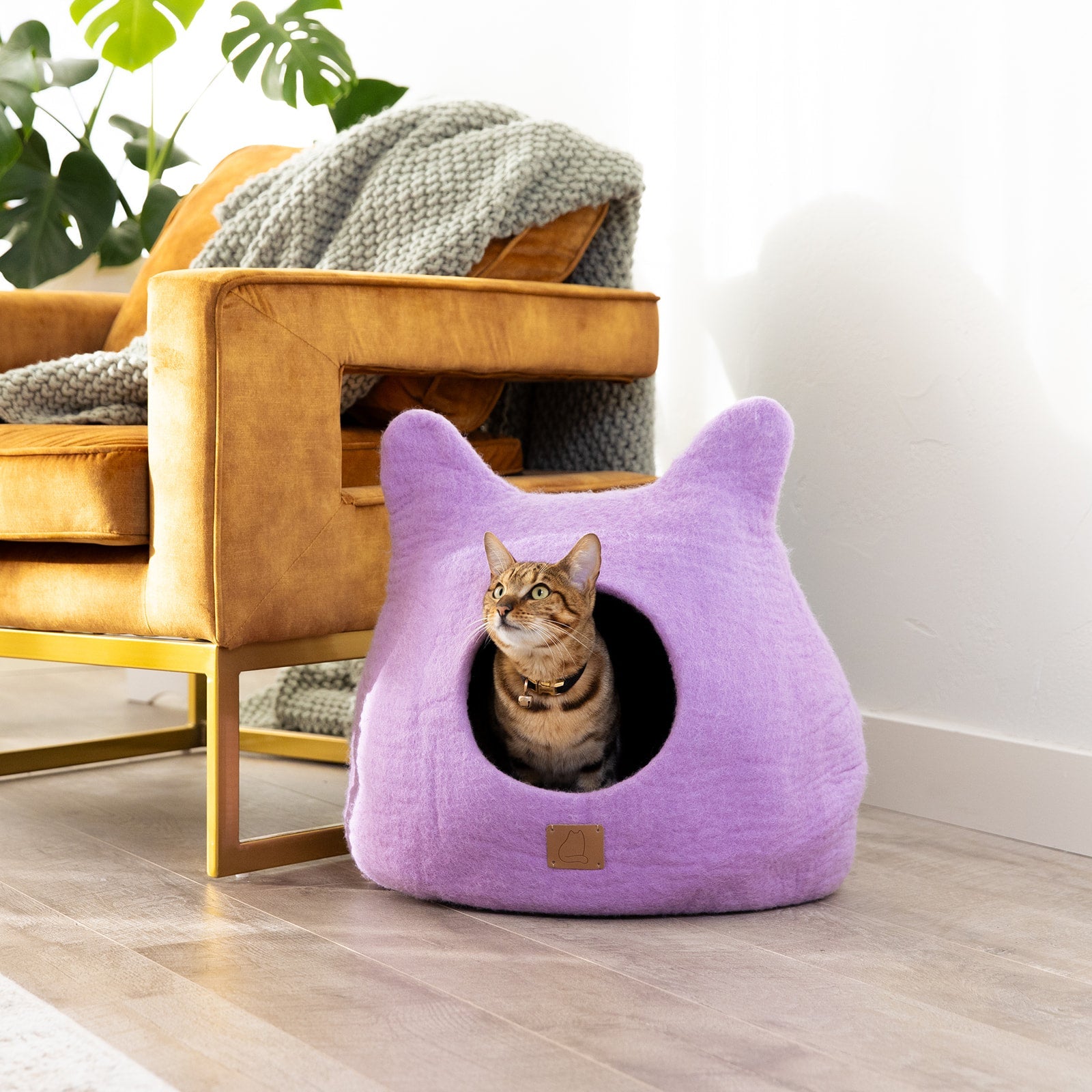 Felted Wool Cat Cave with Ears, Lilac Purple