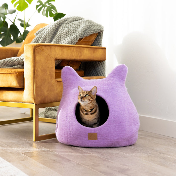 Felted Wool Cat Cave with Ears, Lilac Purple