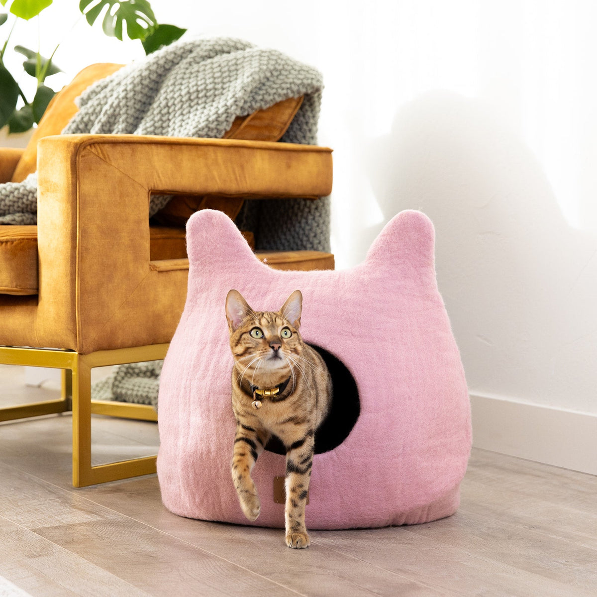 Felted Wool Cat Cave with Ears, Valentine Pink