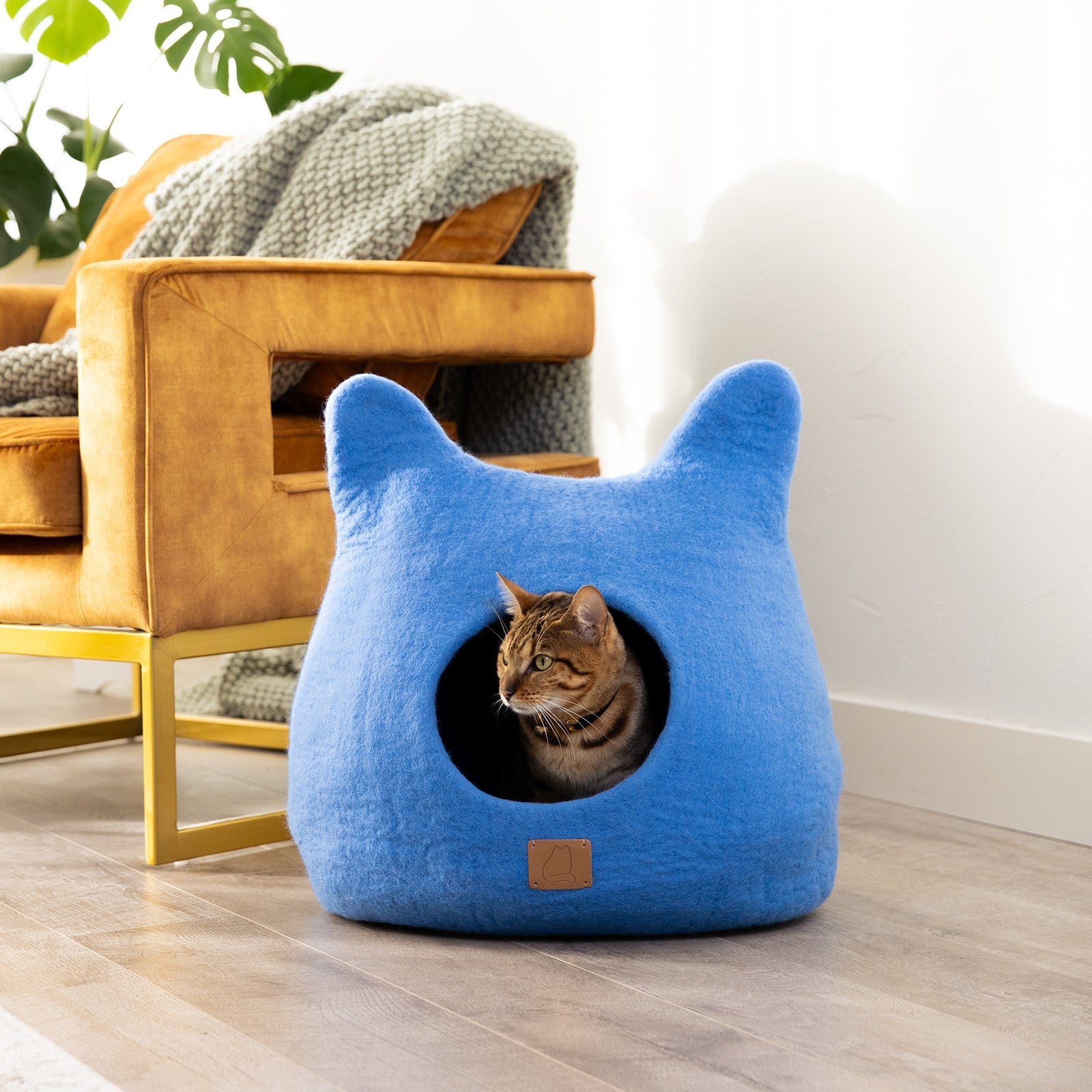 Felted Wool Cat Cave with Ears, Sky Blue