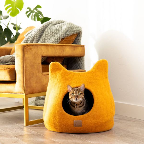 Felted Wool Cat Cave with Ears, Fire Orange