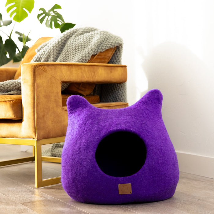 Felted Wool Cat Cave with Ears, Plum Purple, photo 2