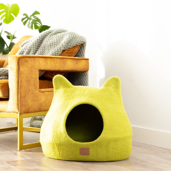 Felted Wool Cat Cave with Ears, Citrus Green, photo 2