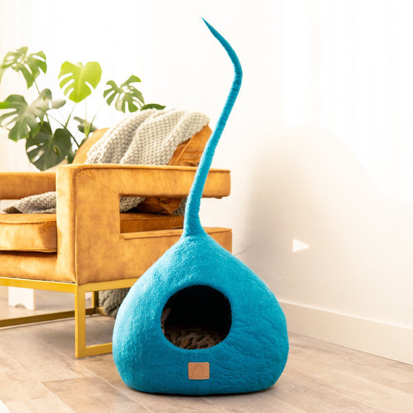 Felted Wool Cat Cave with Tail, Ocean Blue, photo 2