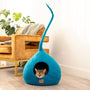 Cueva de fieltro de lana para gatos con cola, Azul océano