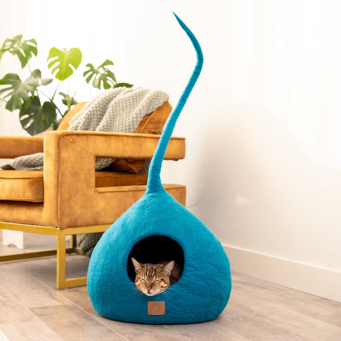 Cueva de fieltro de lana para gatos con cola, Azul océano