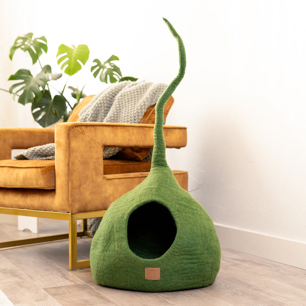 Felted Wool Cat Cave with Tail, Forest Green, photo 2