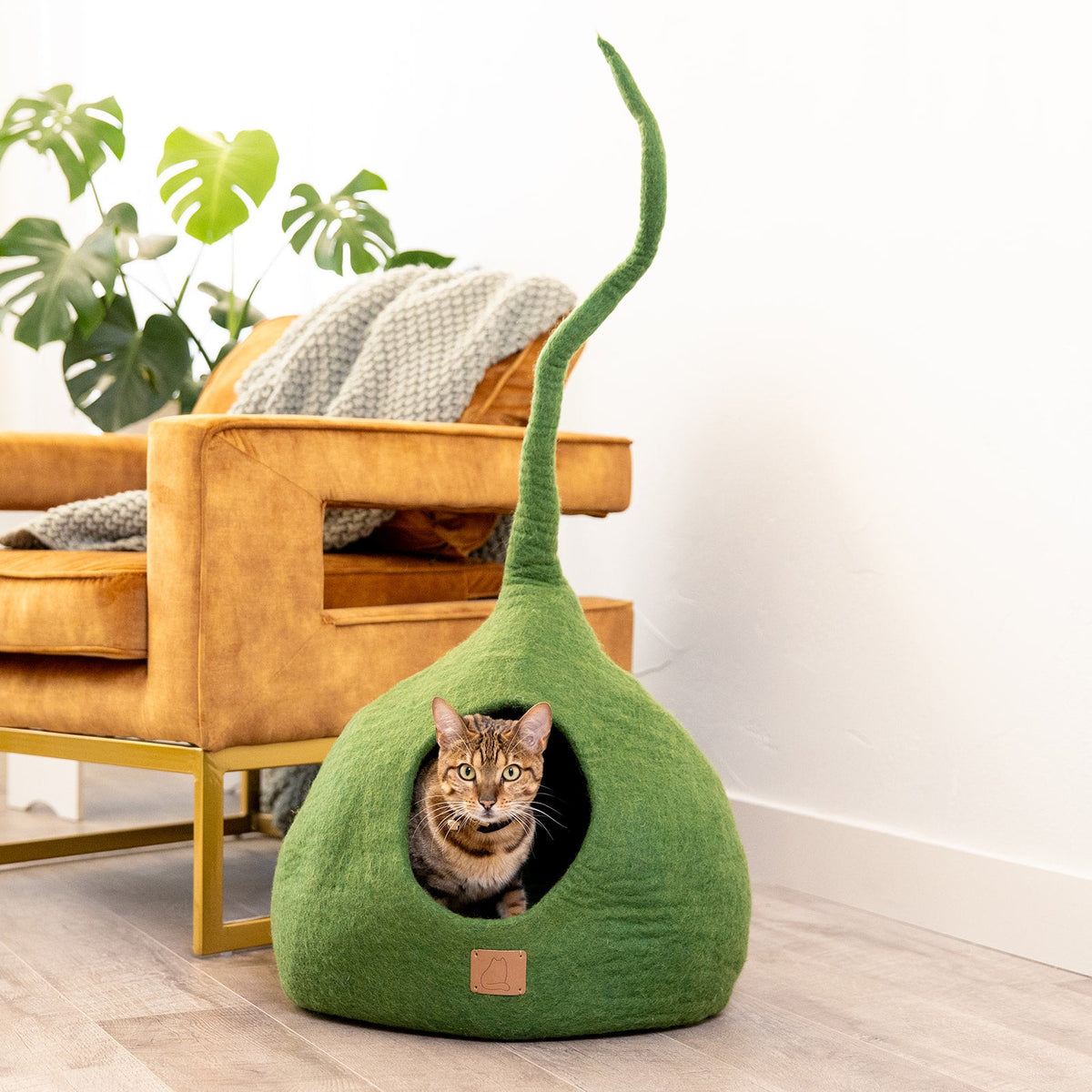 Felted Wool Cat Cave with Tail, Forest Green