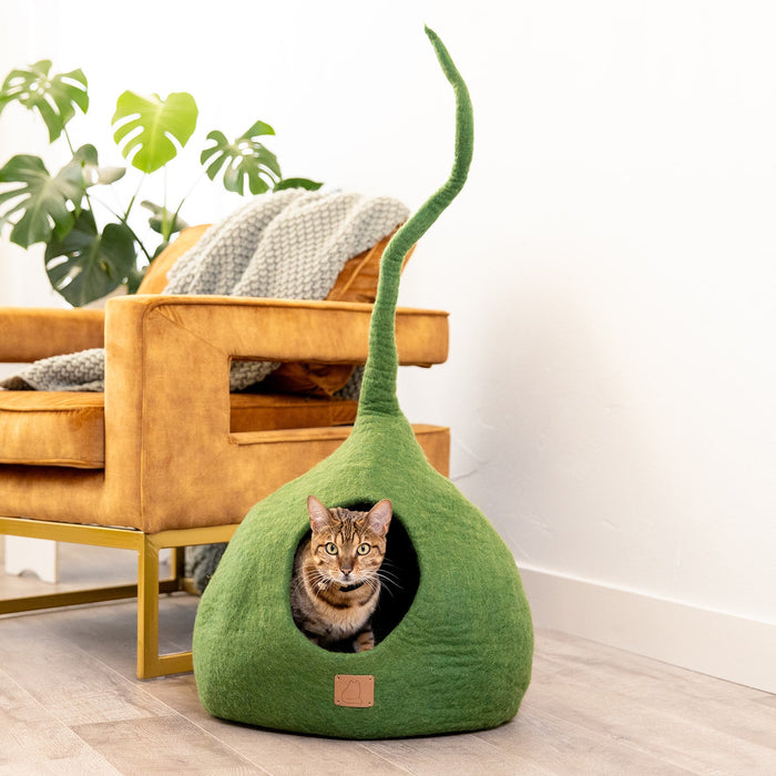 Felted Wool Cat Cave with Tail, Forest Green