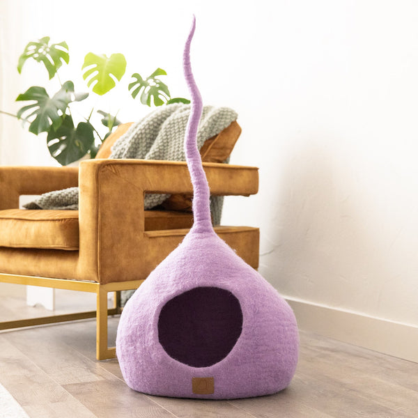 Felted Wool Cat Cave with Tail, Lilac Purple, photo 2