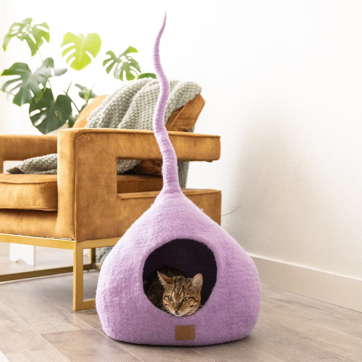 Felted Wool Cat Cave with Tail, Lilac Purple