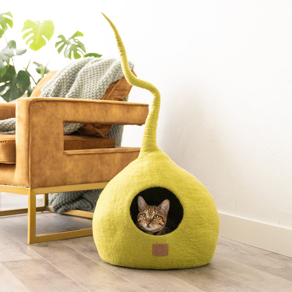 Felted Wool Cat Cave with Tail, Citrus Green