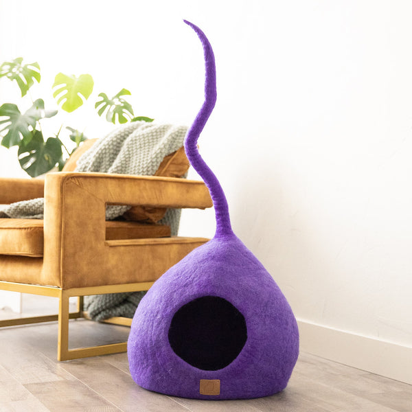 Felted Wool Cat Cave with Tail, Plum Purple, photo 2
