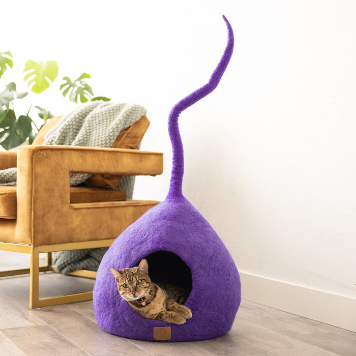 Cueva de fieltro de lana para gatos con cola, Morado ciruela