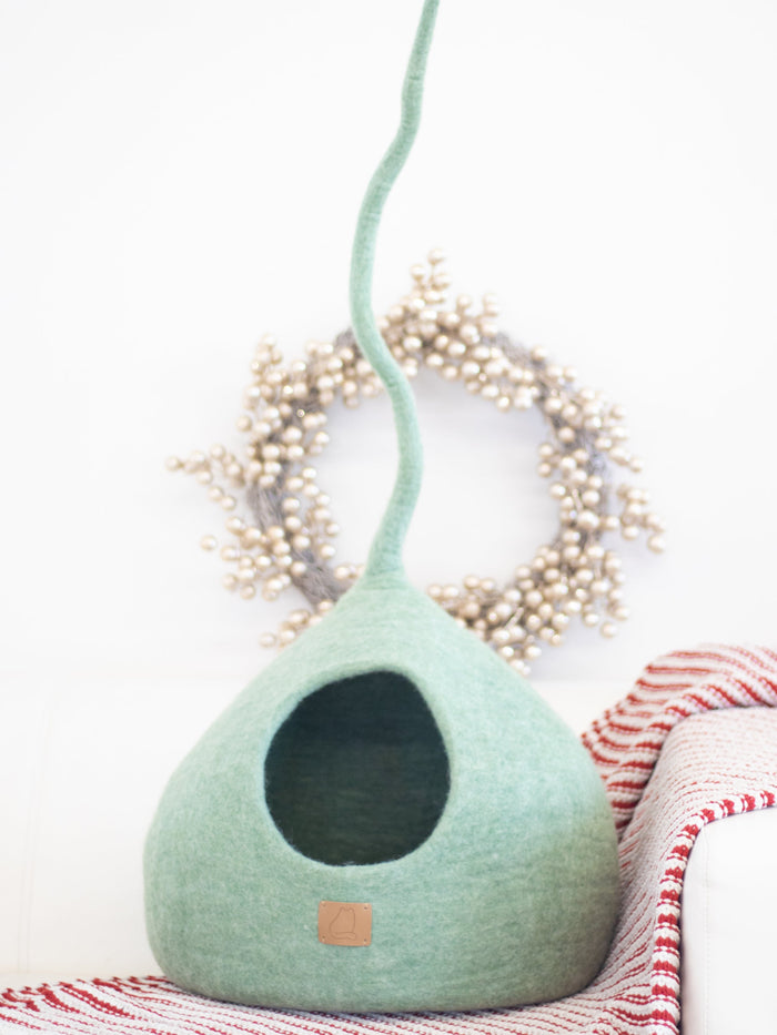 Felted Wool Cat Cave with Tail, Eucalyptus Green, photo 2