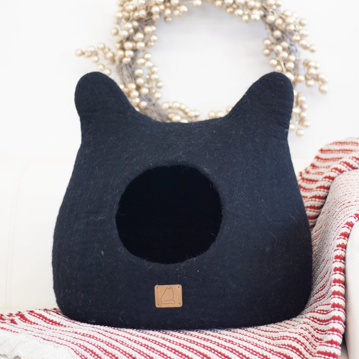 Felted Wool Cat Cave with Ears, Night Black, photo 3