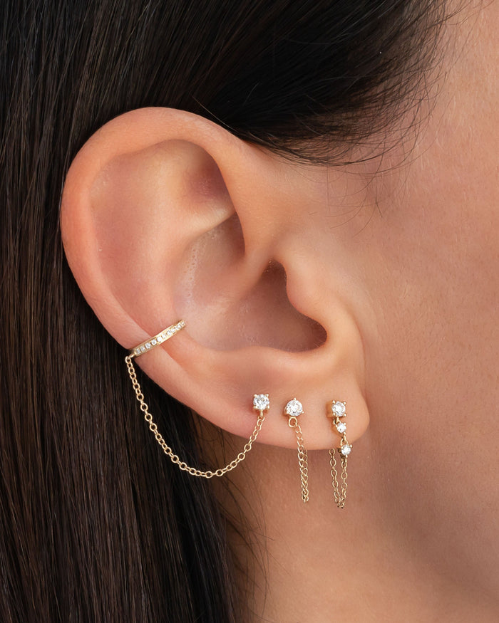 14K Gold 3 Prong Diamond Drop Chain Stud Earrings, photo 3