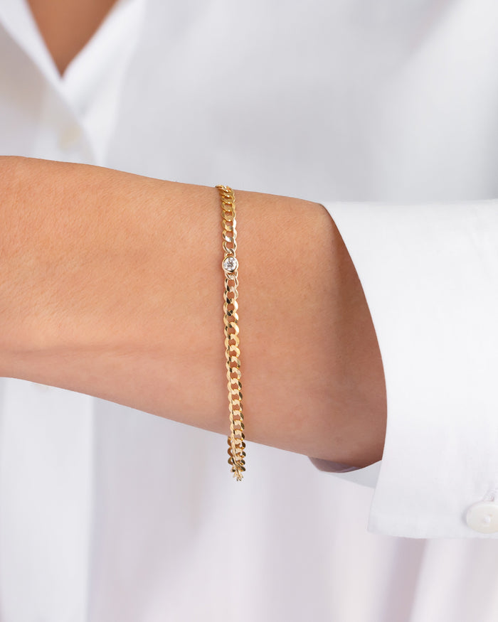 Pulsera de cadena cubana con diamante en bisel en oro de 14K, foto 2
