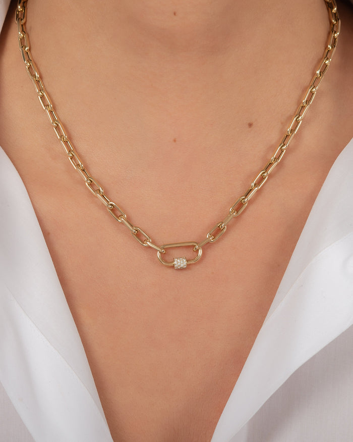 14K Gold Large Open Link Diamond Carabiner Necklace, photo 2