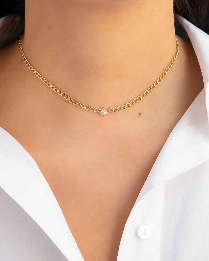 Gargantilla de cadena cubana con diamante pera en oro de 14K, foto 3