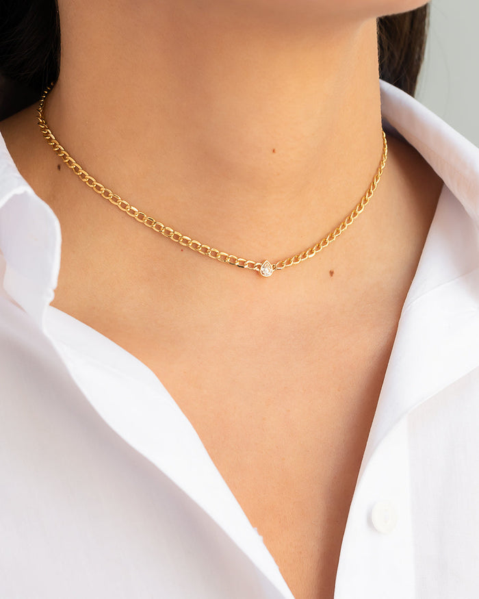 Gargantilla de cadena cubana con diamante pera en oro de 14K, foto 4