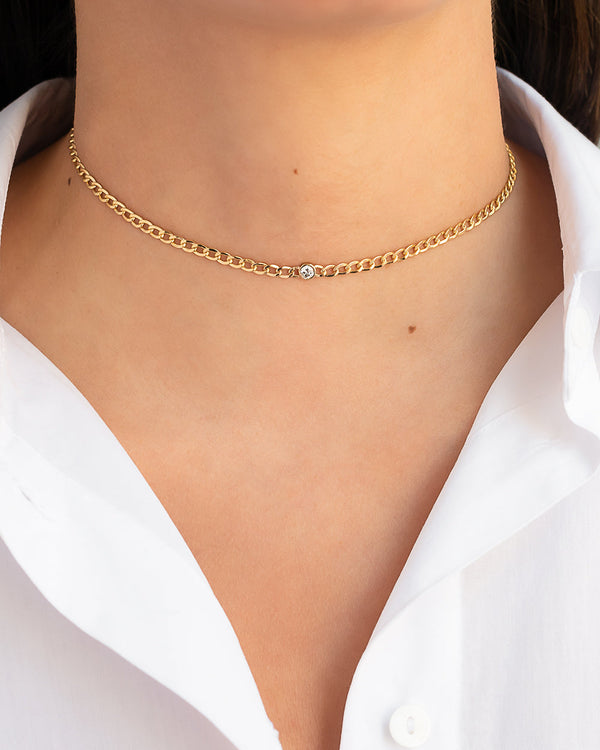 Gargantilla de cadena cubana con diamante en bisel en oro de 14K, foto 2
