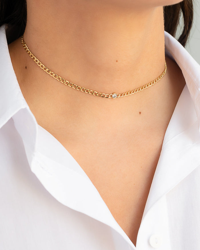 Gargantilla de cadena cubana con diamante en bisel en oro de 14K, foto 3