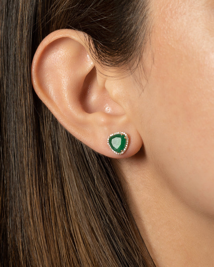Aretes de botón de esmeralda y diamantes en oro de 14K, foto 3