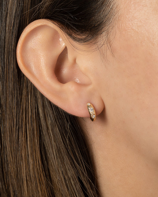 14K Gold Diamond Domed Starburst Huggie Earrings, photo 2