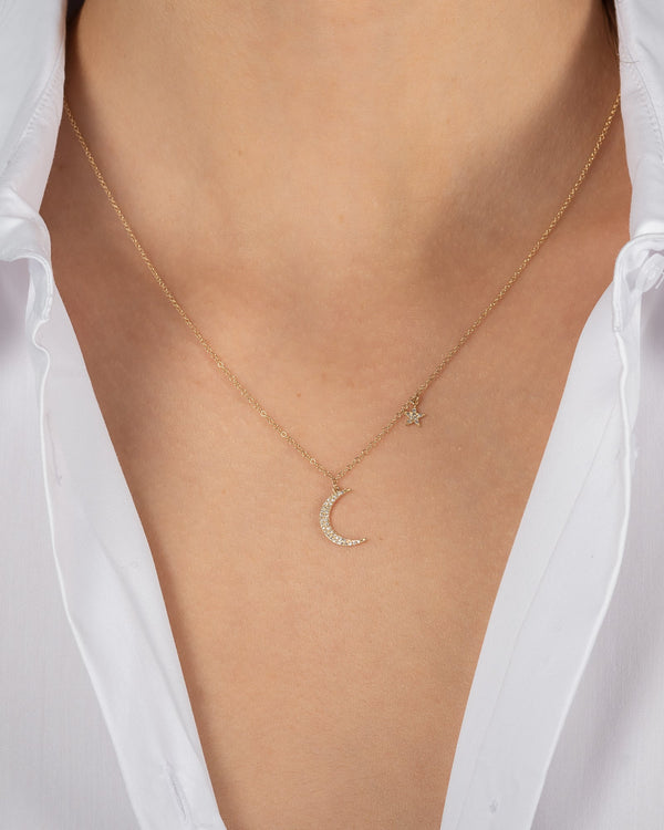 14K Gold Pave Diamond Moon and Star Necklace, photo 2