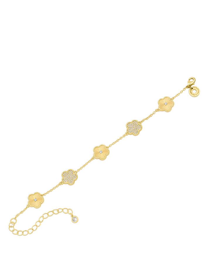 Pulsera de tréboles alternados con zirconias cúbicas pavé en latón bañado, foto 3