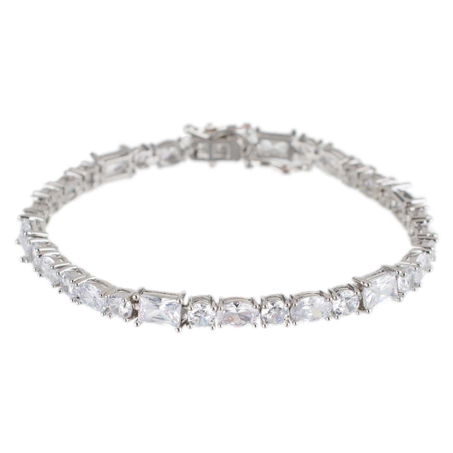Mixed-Shape Cubic Zirconia Tennis Bracelet in Rhodium-Plated Brass, photo 1