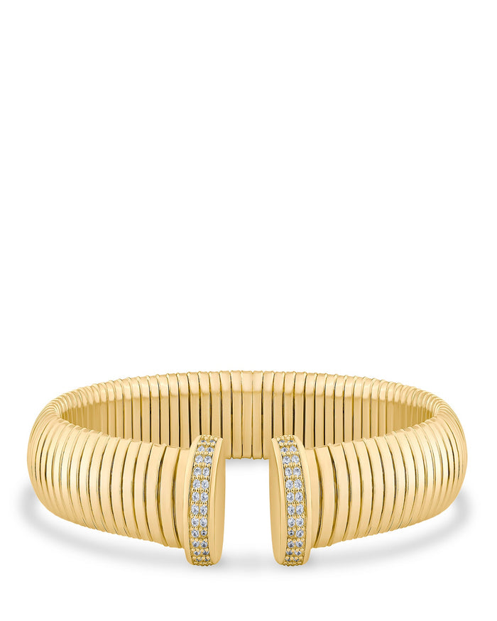 Pulsera de espiral abierta con zirconias cúbicas redondas pavé en latón bañado en oro de 14K, foto 1