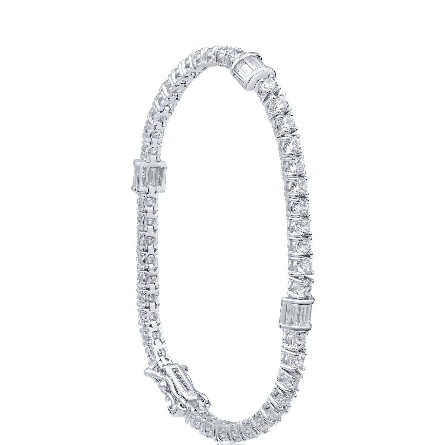 Pulsera con zirconias cúbicas redondas y estaciones baguette en latón bañado en rodio, foto 1