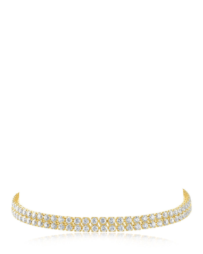 Pulsera de doble hilera con pavé de zirconias cúbicas en latón bañado en oro de 14K, foto 1