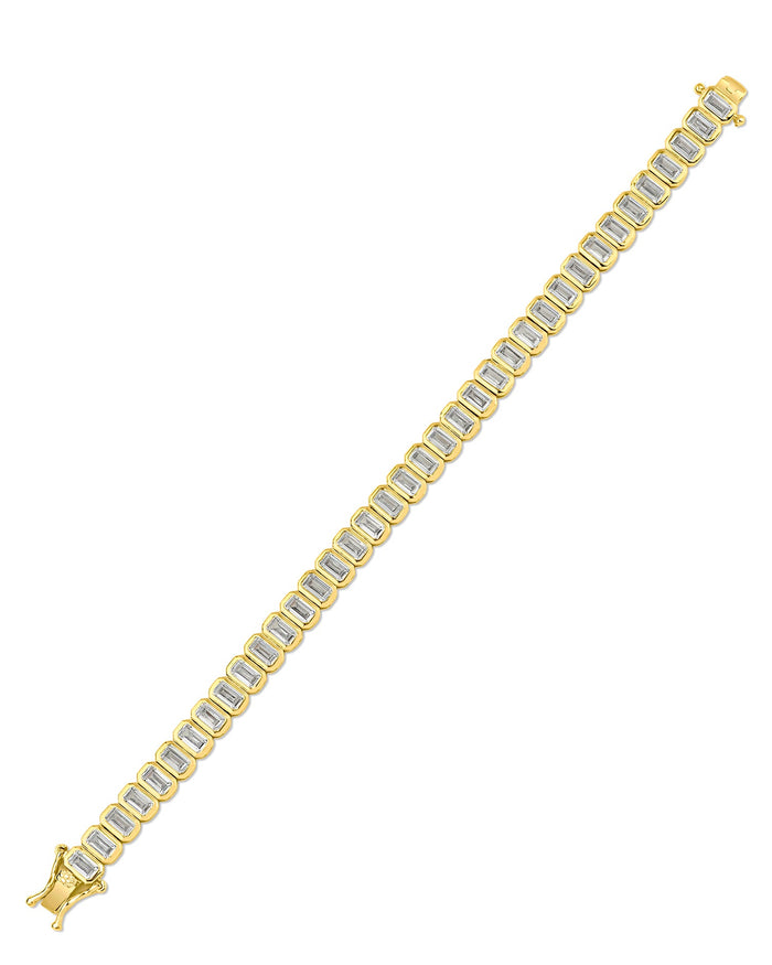 Pulsera tenis con zirconias cúbicas talla esmeralda en engaste de bisel en latón en tono dorado o bañado en rodio, foto 3