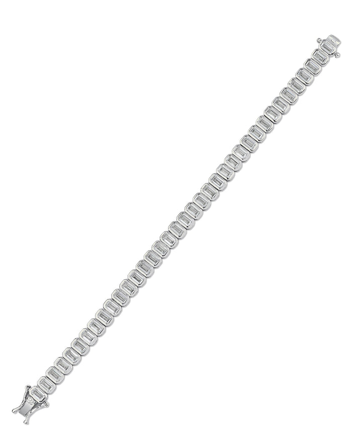 Pulsera tenis con zirconias cúbicas talla esmeralda en engaste de bisel en latón en tono dorado o bañado en rodio, foto 4