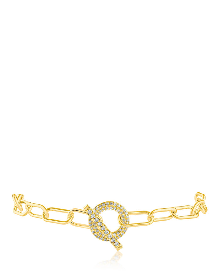Pulsera de cadena toggle con zirconias cúbicas en engaste pavé en latón bañado en oro de 18K, foto 1