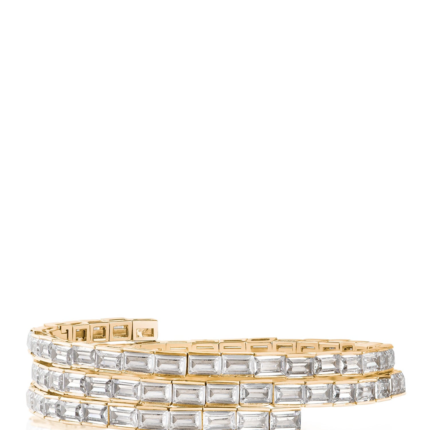 Pulsera envolvente de triple espiral con zirconias cúbicas baguette en latón bañado en oro o en rodio, foto 1