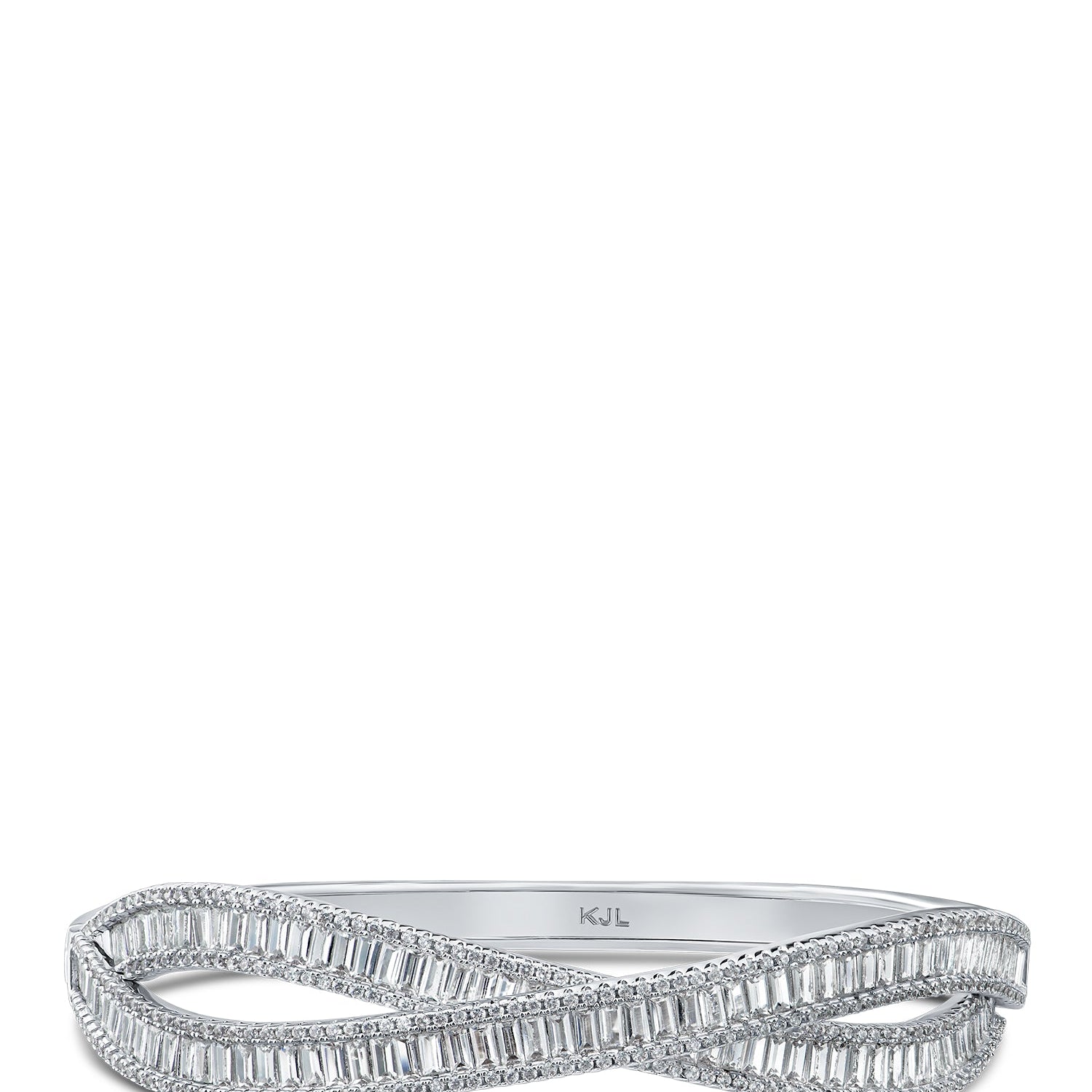 Baguette Cubic Zirconia Overlap Hinged Bangle in Rhodium-Plated Brass, photo 1