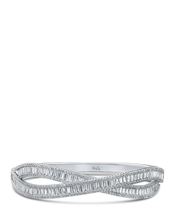 Baguette Cubic Zirconia Overlap Hinged Bangle in Rhodium-Plated Brass, photo 1