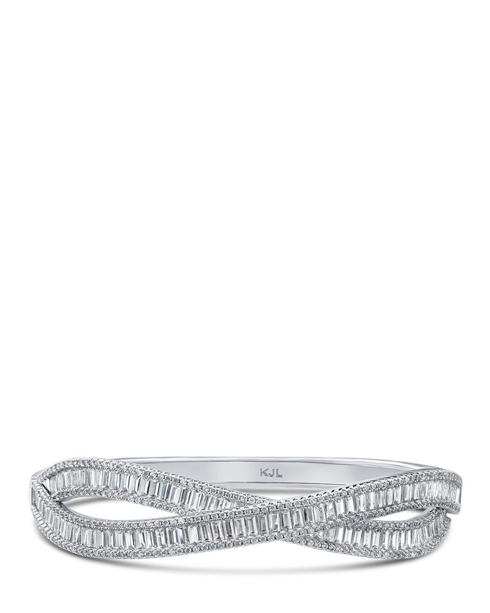 Baguette Cubic Zirconia Overlap Hinged Bangle in Rhodium-Plated Brass, photo 1