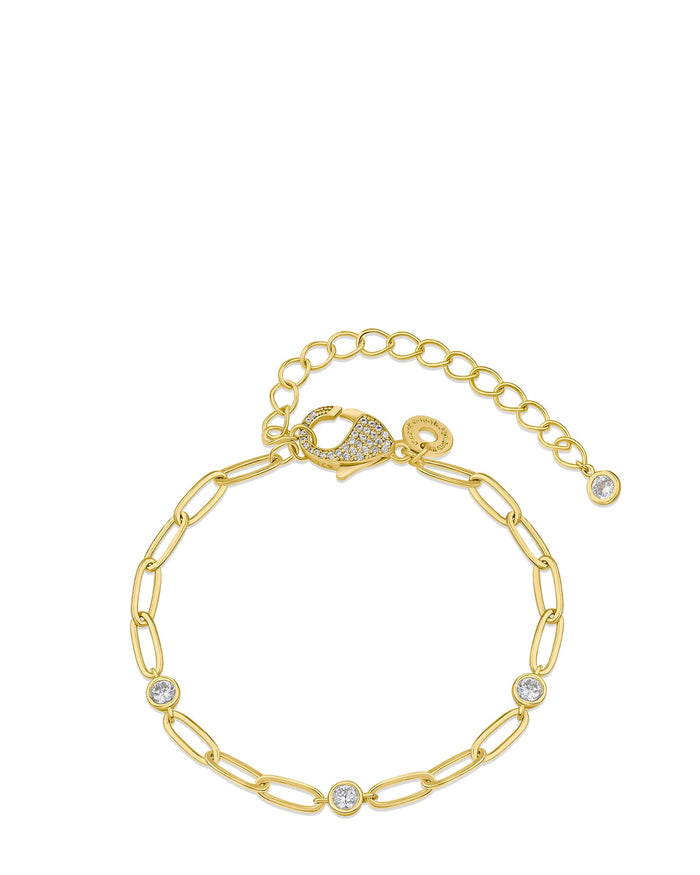 Round Bezel Cubic Zirconia Link Station Bracelet in Gold-Plated Brass, photo 2
