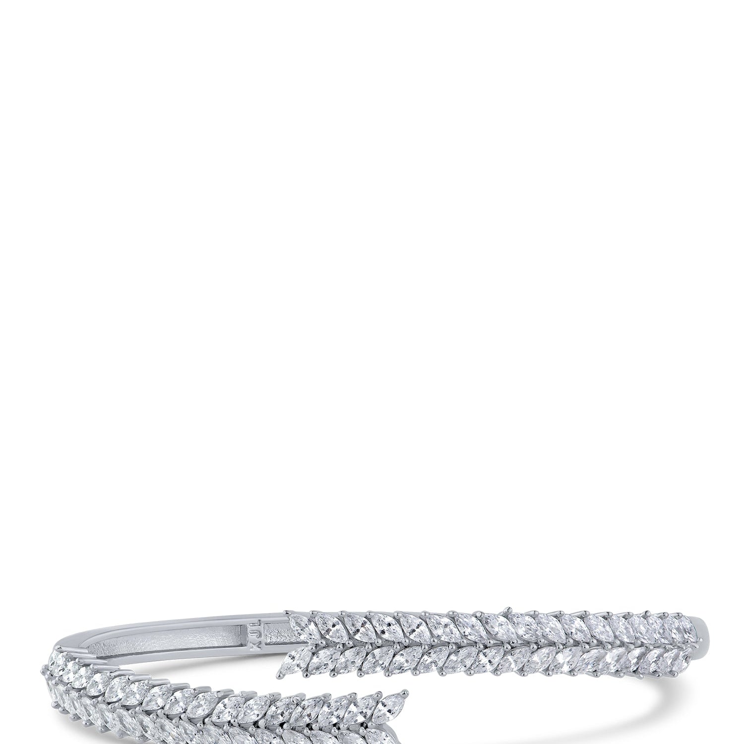 Brazalete rígido abierto con diseño de pluma y zirconias cúbicas talla marquesa en latón bañado en rodio, foto 1