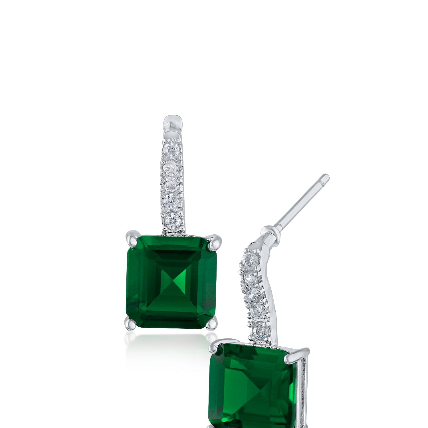 Asscher-Cut and Pavé Cubic Zirconia Drop Earrings in Rhodium-Plated Brass, photo 1