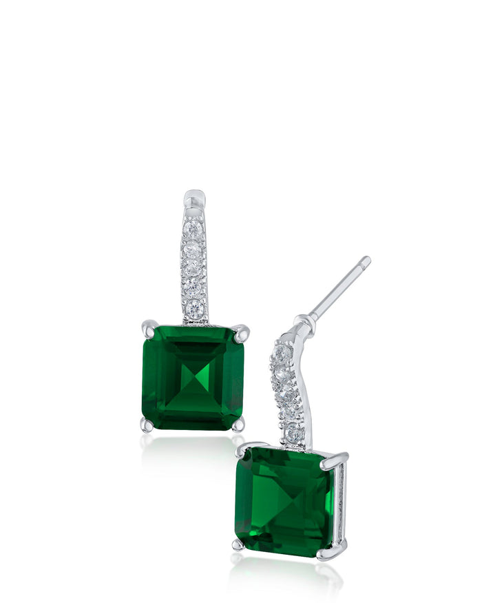 Asscher-Cut and Pavé Cubic Zirconia Drop Earrings in Rhodium-Plated Brass, photo 1